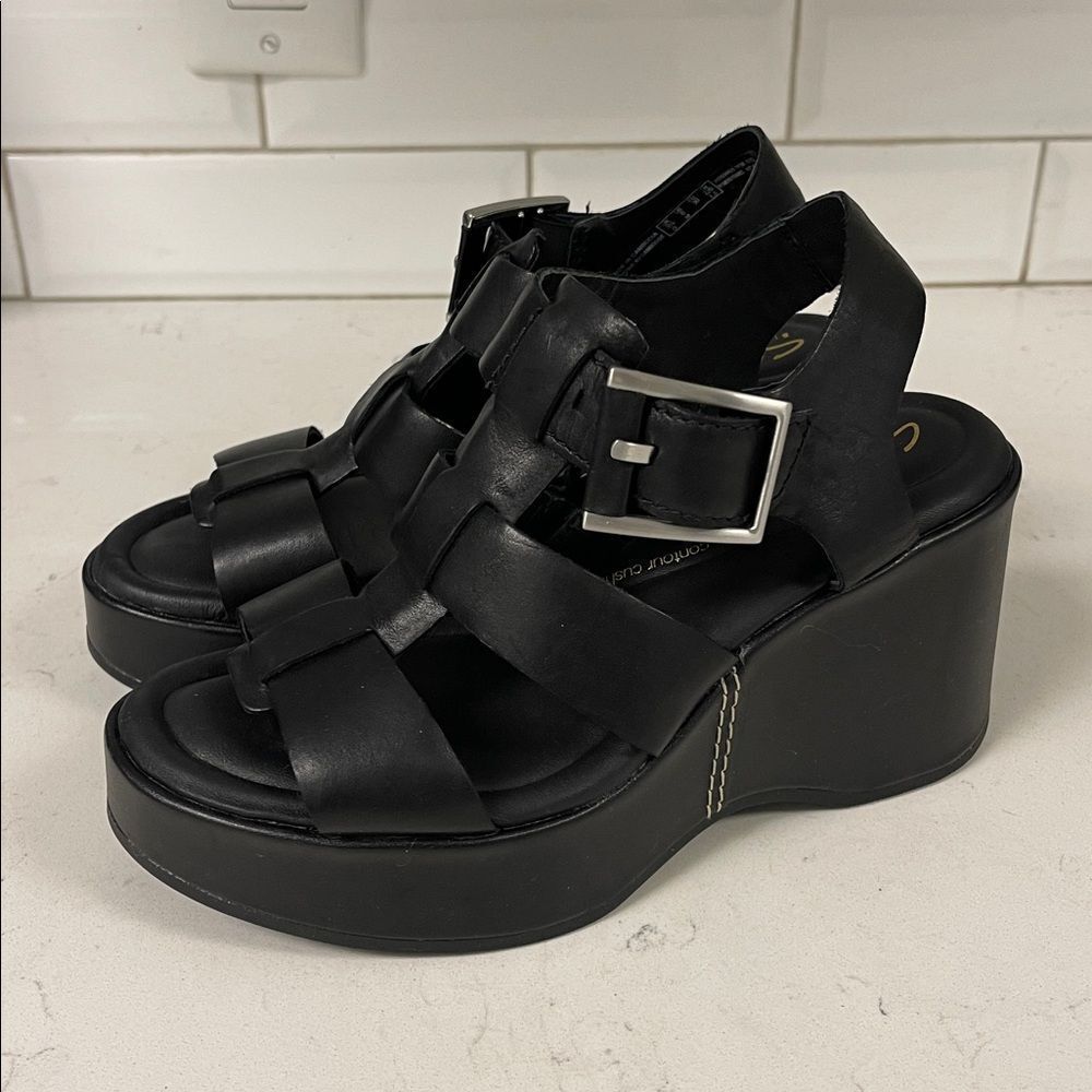 Clark’s Manon Cove Black Platform Wedge Sandals Size 6